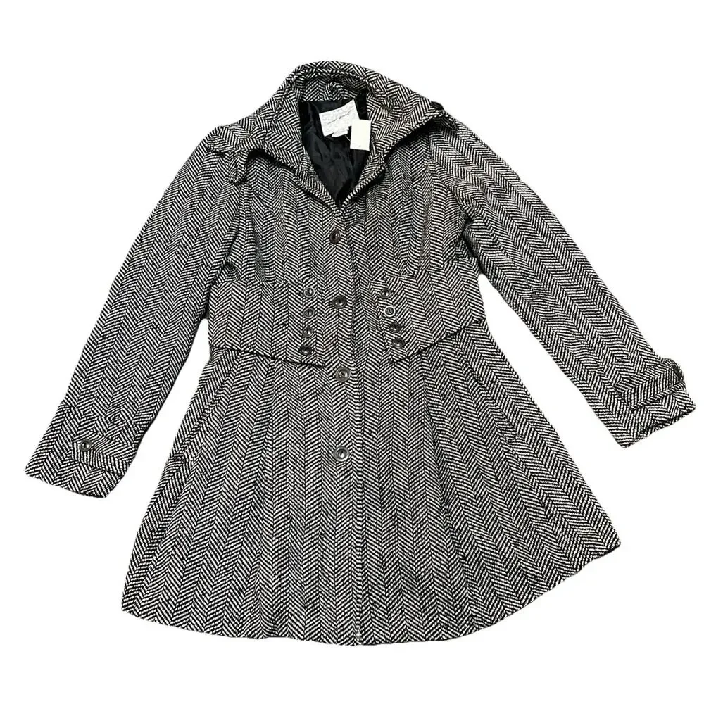 Y2K Wet Seal Herringbone Wool Blend Pea Coat Jacket Black White Herringbone XL